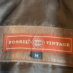 Fossil Vintage Brown Leather Bomber Jacket with Red Label